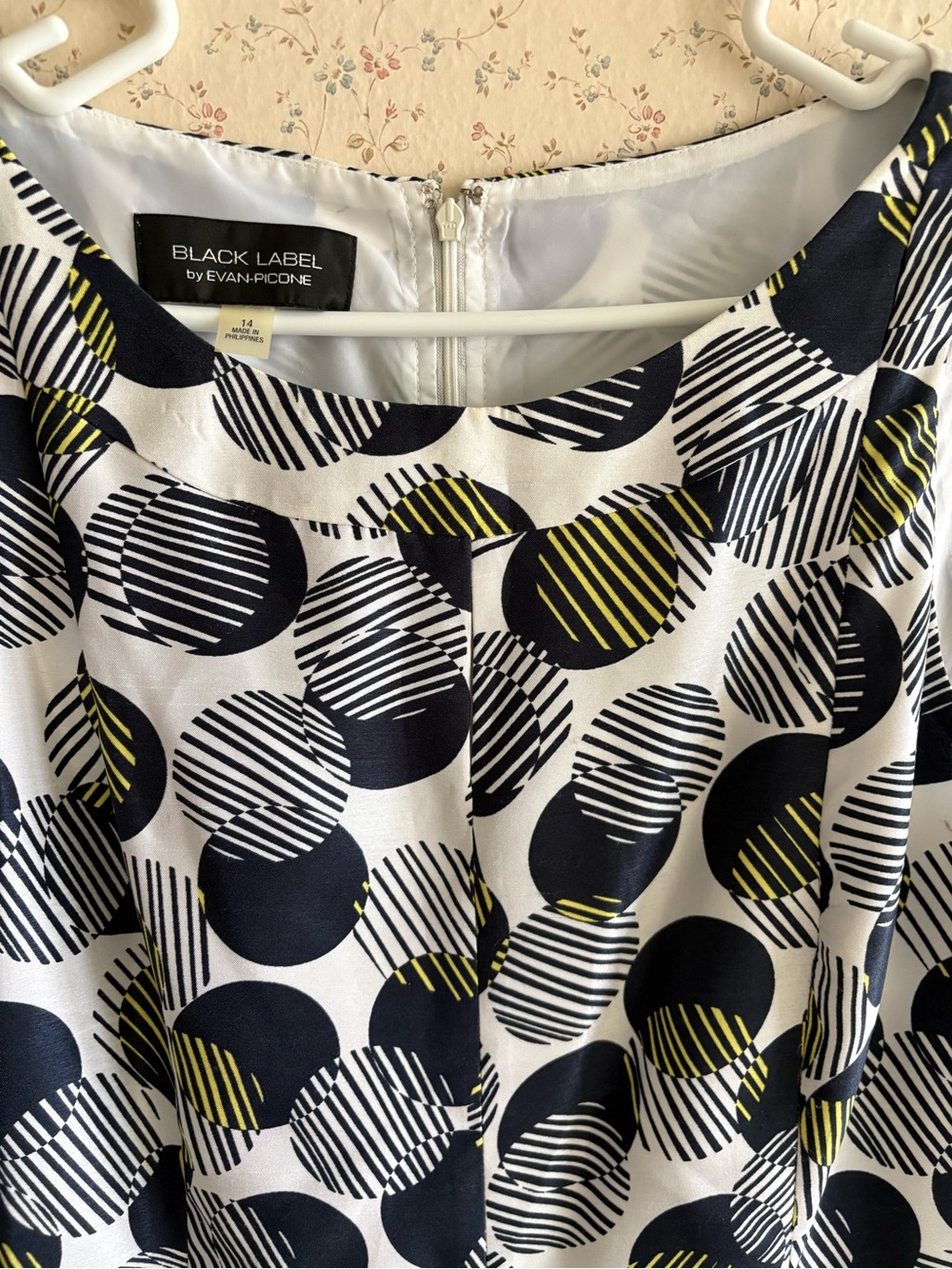 Black Label by Evan-Picone Polka Dot Sheath Dress - Navy, White & Yellow